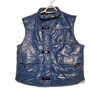 Vintage MJX Wilsons Leather Blue Moto Puffer Vest Men's XL Buckle Front Y2K